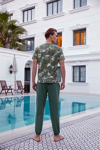 Doreanse Erkek Yeşil Pamuklu Düğmeli V Yaka Palmiye Desenli Kısa Kol Pijama Takımı 4911