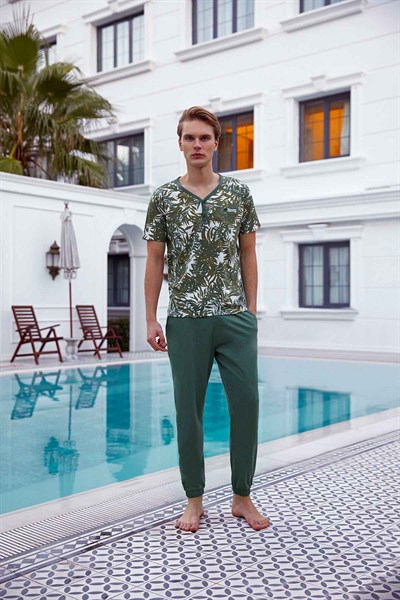 Doreanse Erkek Yeşil Pamuklu Düğmeli V Yaka Palmiye Desenli Kısa Kol Pijama Takımı 4911