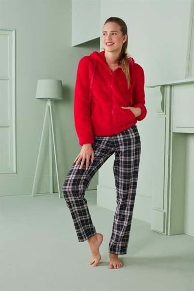 Doreanse Kadın Polyester Uzun Kol Peluş Hırka Pijama Takımı 4350