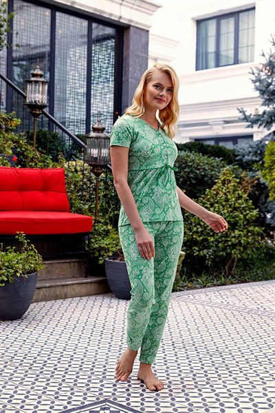 Doreanse Kadın Yeşil Pamuklu Etek Robalı Patlı Kısa Kol Bluz Örme Pijama Takımı 4051